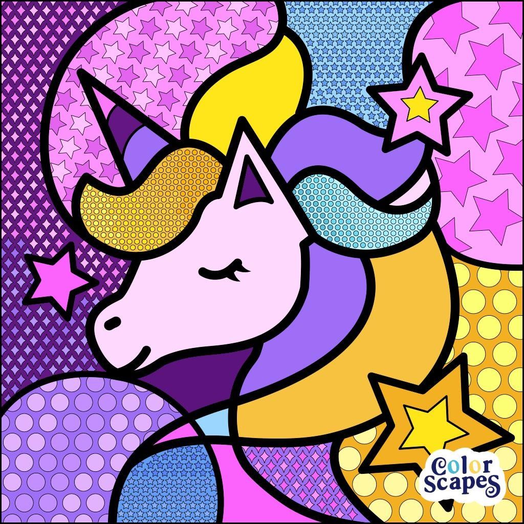 Stylized unicorn with purple body and colorful mane in pop art style with stars and patterns
