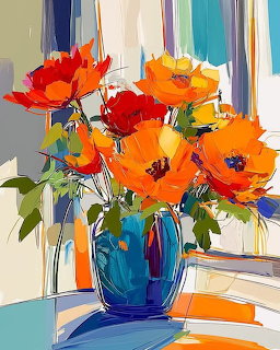 Orange Flowers in Blue Vase