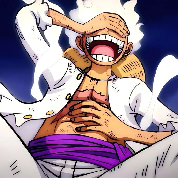 Anime character Luffy from One Piece laughing joyfully with straw hat and purple sash