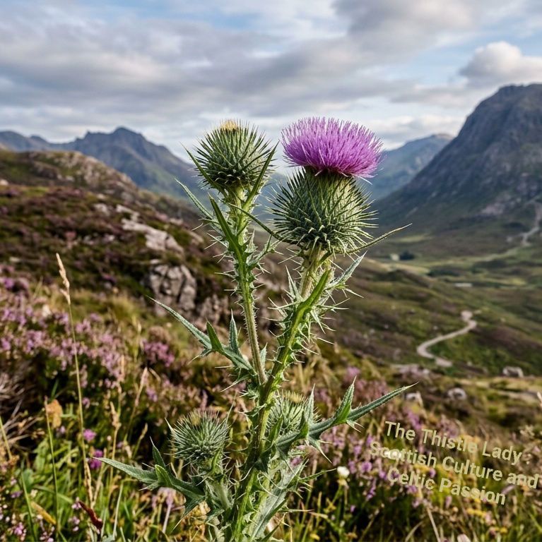 Purple Scottish thistle in the foreground with rocky mountains and a winding valley behind