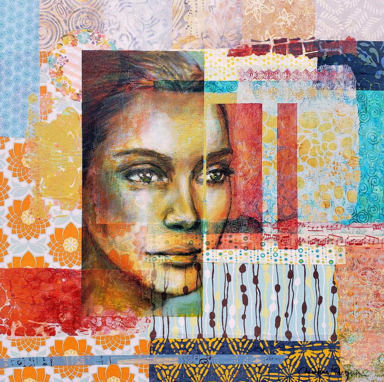 Mixed-media collage artwork of a woman's face with colorful abstract geometric patterns and textures overlaid