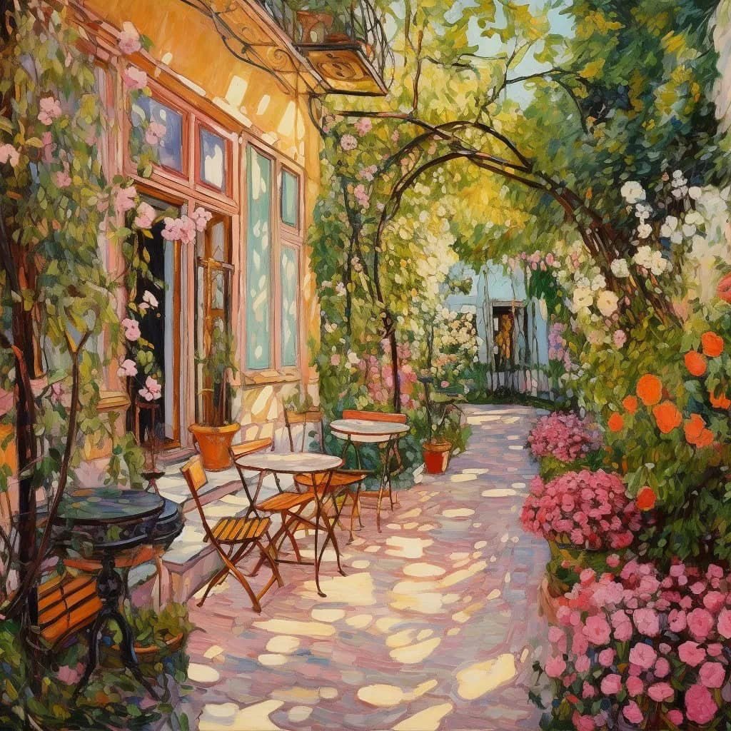 Bright courtyard garden with flowering plants, outdoor café furniture, and vine-covered buildings under dappled sunlight