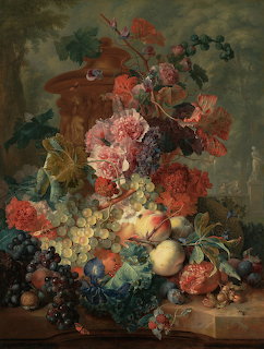 Dutch Golden Age still life painting with flowers, grapes, peaches, and fruit arranged near a stone urn