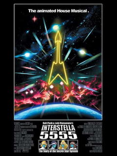 Interstella 5555 animated film poster with golden guitarist figure in space above Earth with radiating light beams