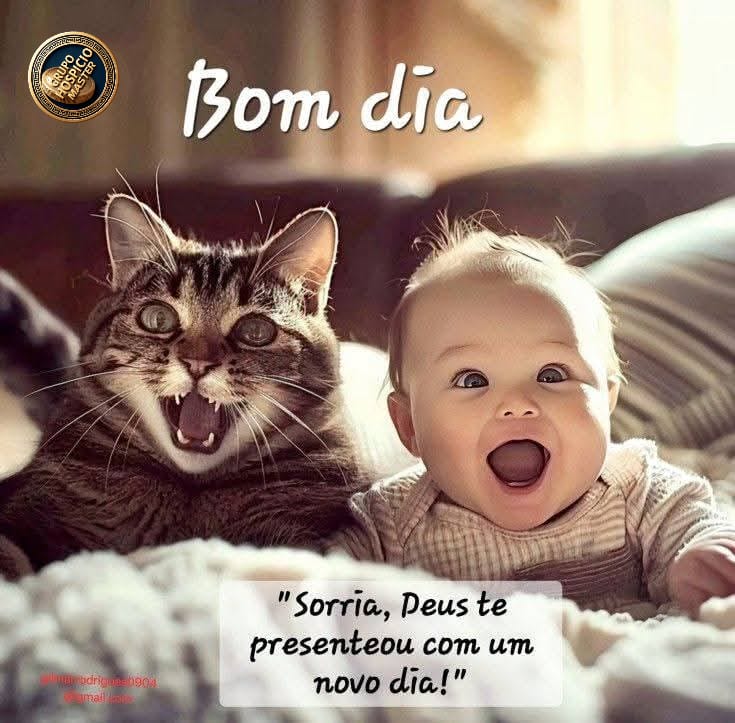 Tabby cat with open mouth lying next to smiling baby with open mouth on bed