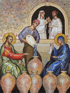 Mosaic artwork of the Wedding at Cana showing Jesus, Mary, servants, and large water jars