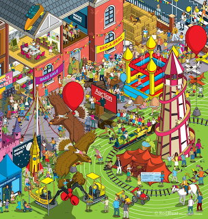 Colorful illustrated cutaway view of a busy birthday party with balloons, children, games, and decorations