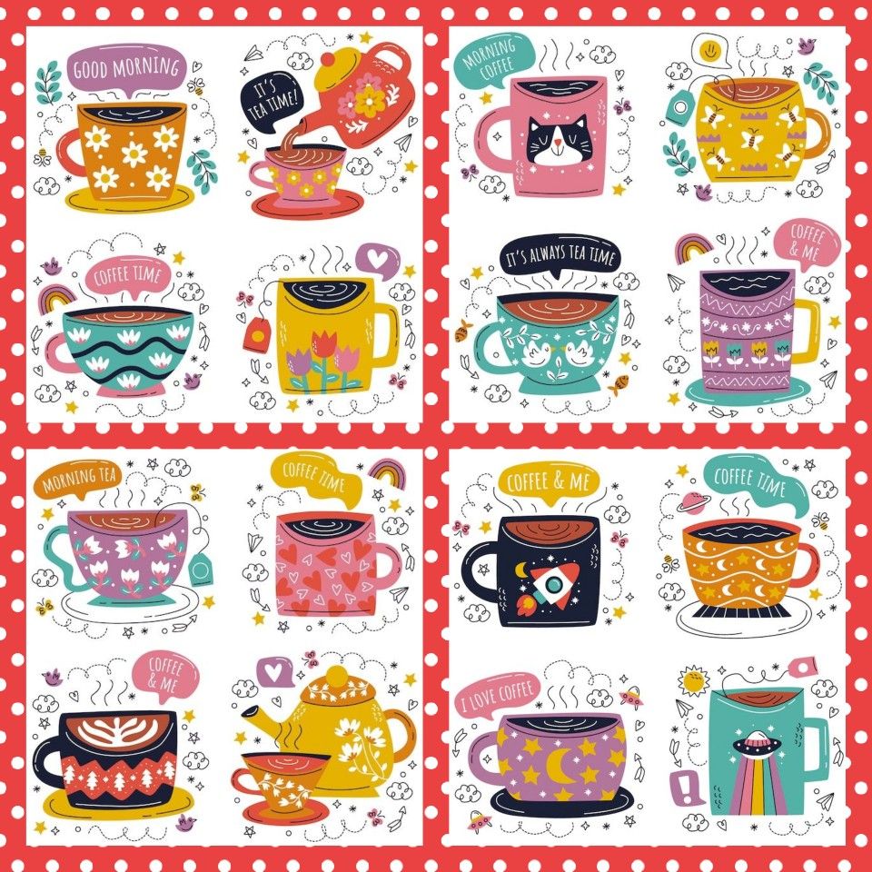 Colorful illustrated tea cups and mugs with playful patterns and faces arranged in a grid on red polka dot background