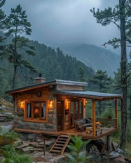 Wood Cabin in Misty Forest