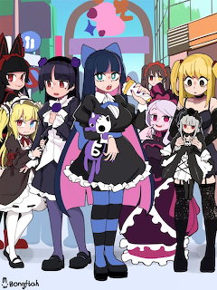 Group of anime girls in black gothic lolita dresses with colorful hair and accessories standing together indoors