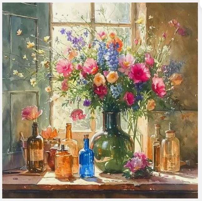 Colorful flower arrangement with glass bottles on windowsill in natural light