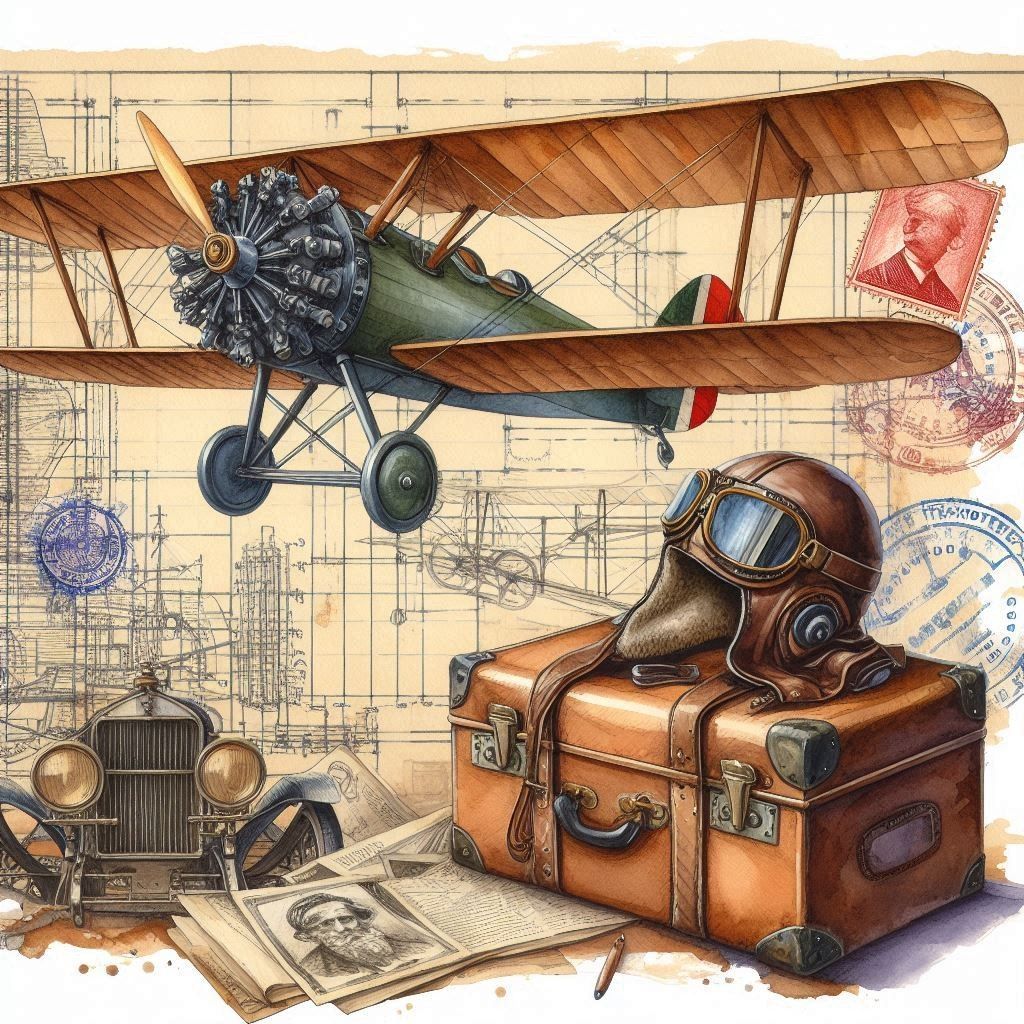 Vintage biplane illustration with pilot helmet, leather suitcase, and aviation blueprint background