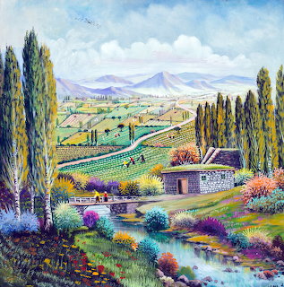 Colorful painting of countryside with stone cottage, cypress trees, flower fields, and distant mountains