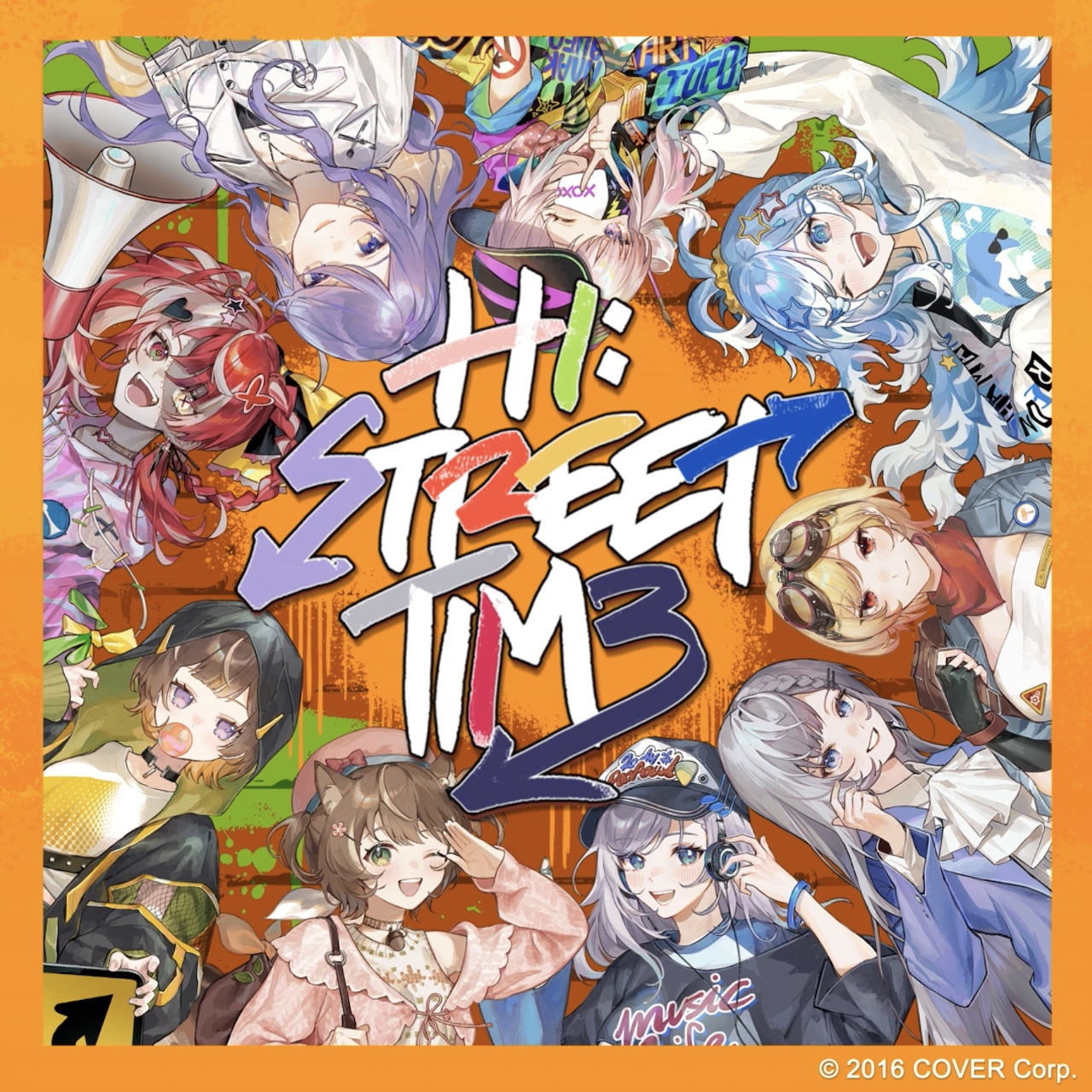 Colorful anime illustration of Hololive Indonesia VTuber characters in street fashion arranged in circular layout