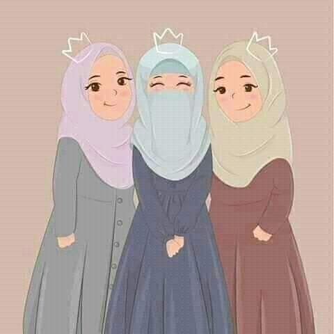 Illustration of three smiling girls wearing colorful hijabs and modest dresses standing side by side