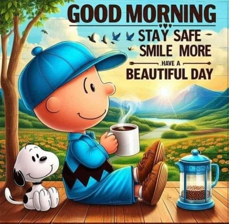 Cartoon of Charlie Brown holding coffee beside Snoopy at sunrise with a good morning message