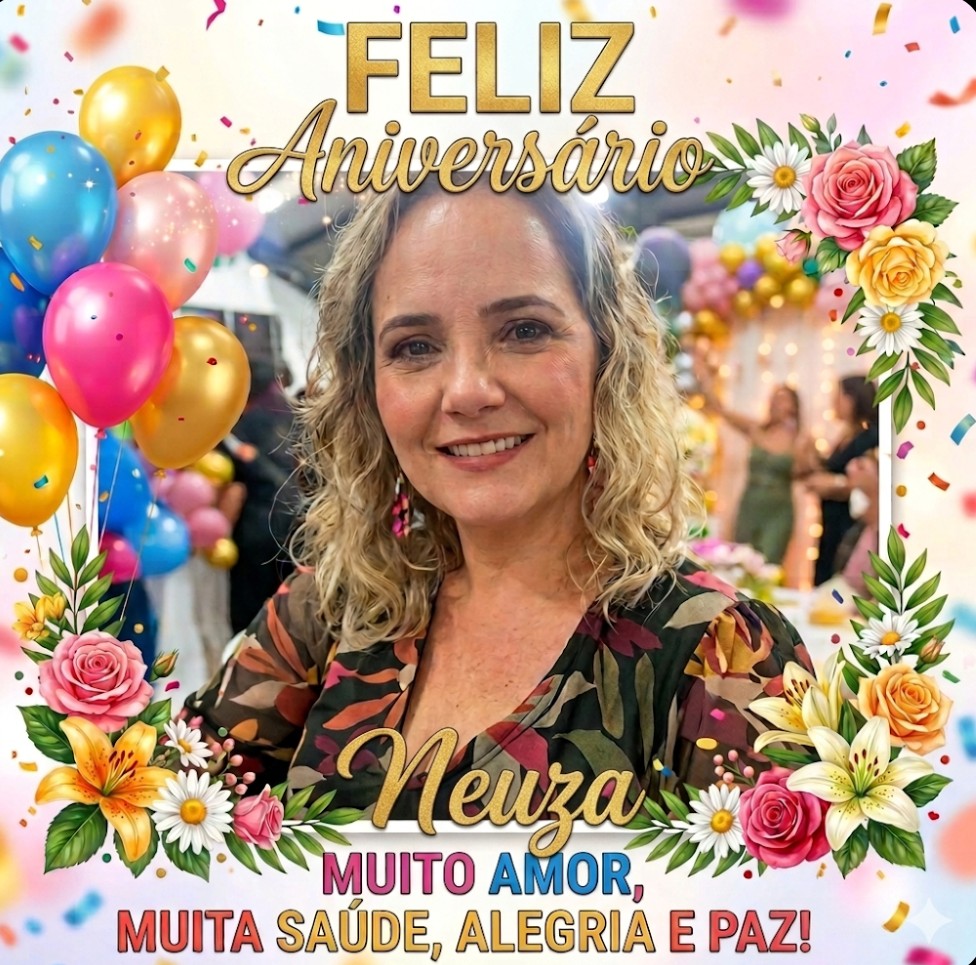 Smiling woman portrait with floral border, balloons, and Portuguese birthday text