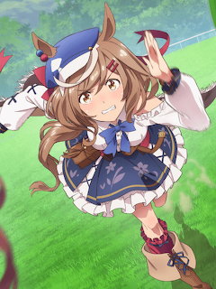 Anime character with horse ears and brown hair in blue outfit making peace sign on grass