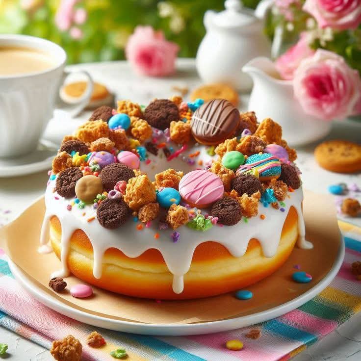 Decorated cake with white drip icing topped with colorful candy eggs and cookie pieces on a table