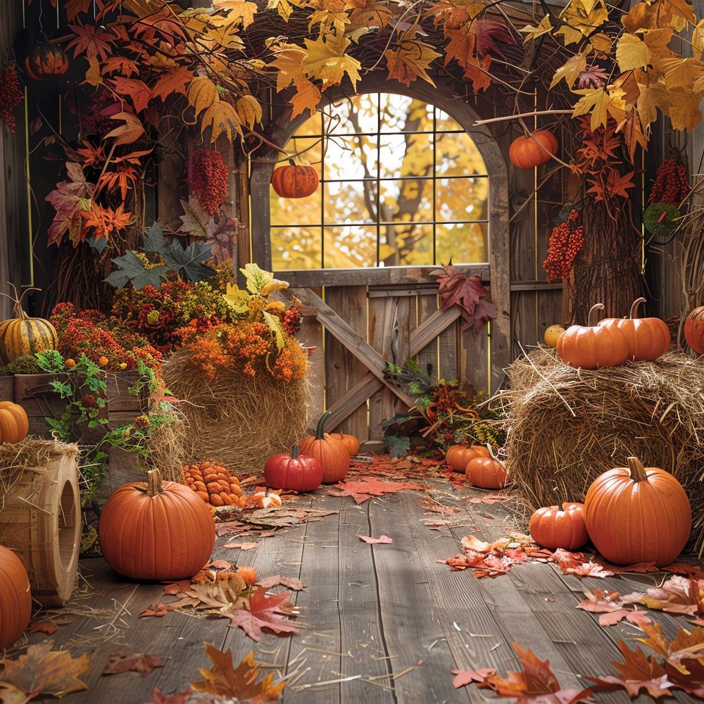 Rustic porch with pumpkins, hay bales, and autumn leaves around an arched window
