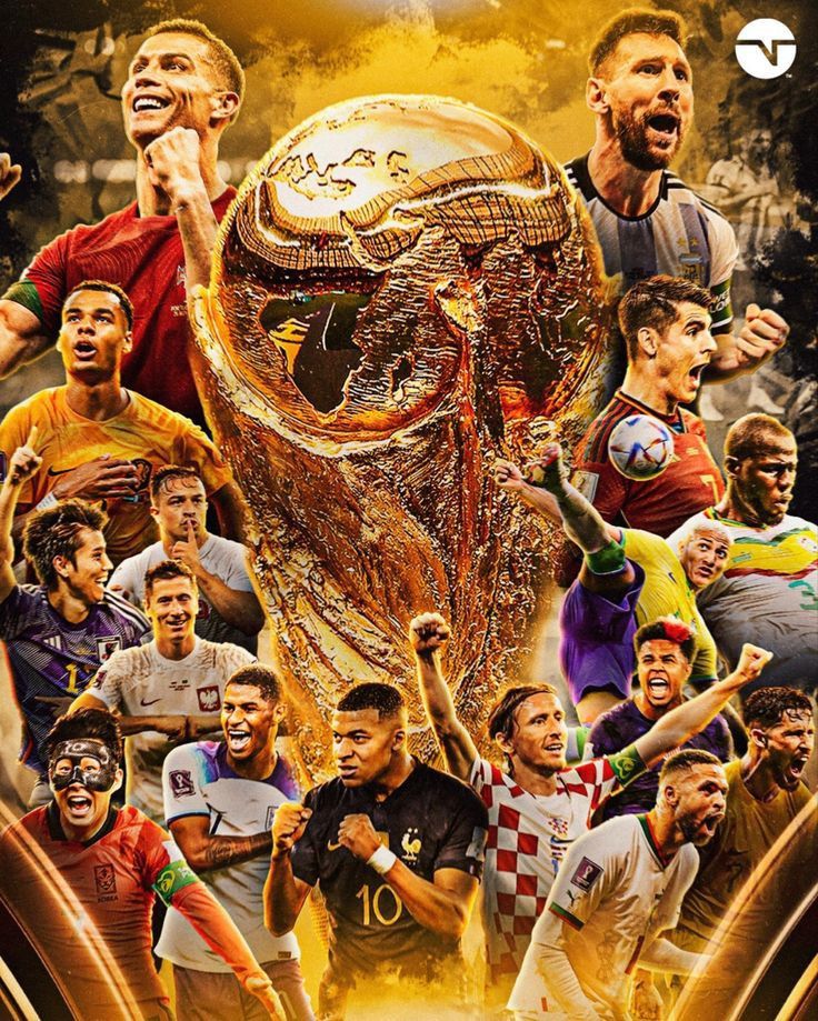 Collage of soccer players from various teams surrounding the FIFA World Cup trophy in golden tones
