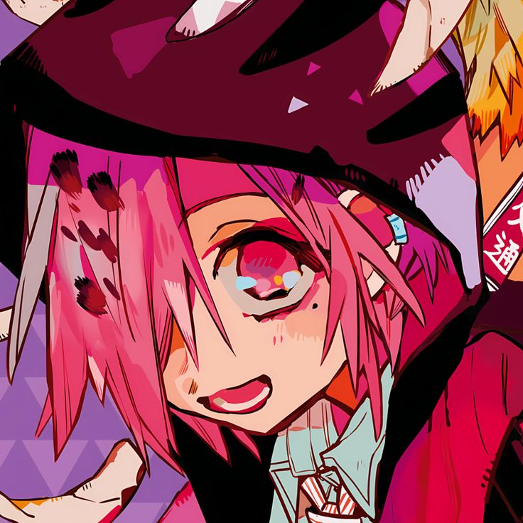 Anime character with pink hair, teal eyes, and dark hat smiling widely