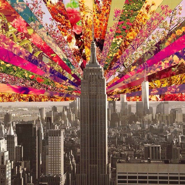 Collage artwork of Empire State Building with colorful floral and pattern bursts radiating from center over Manhattan skyline
