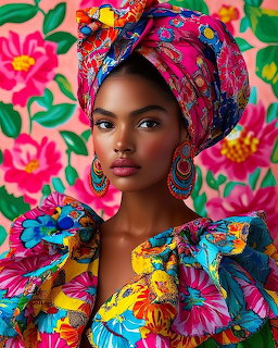 Woman in colorful floral headwrap and dress posing against a vibrant pink floral background