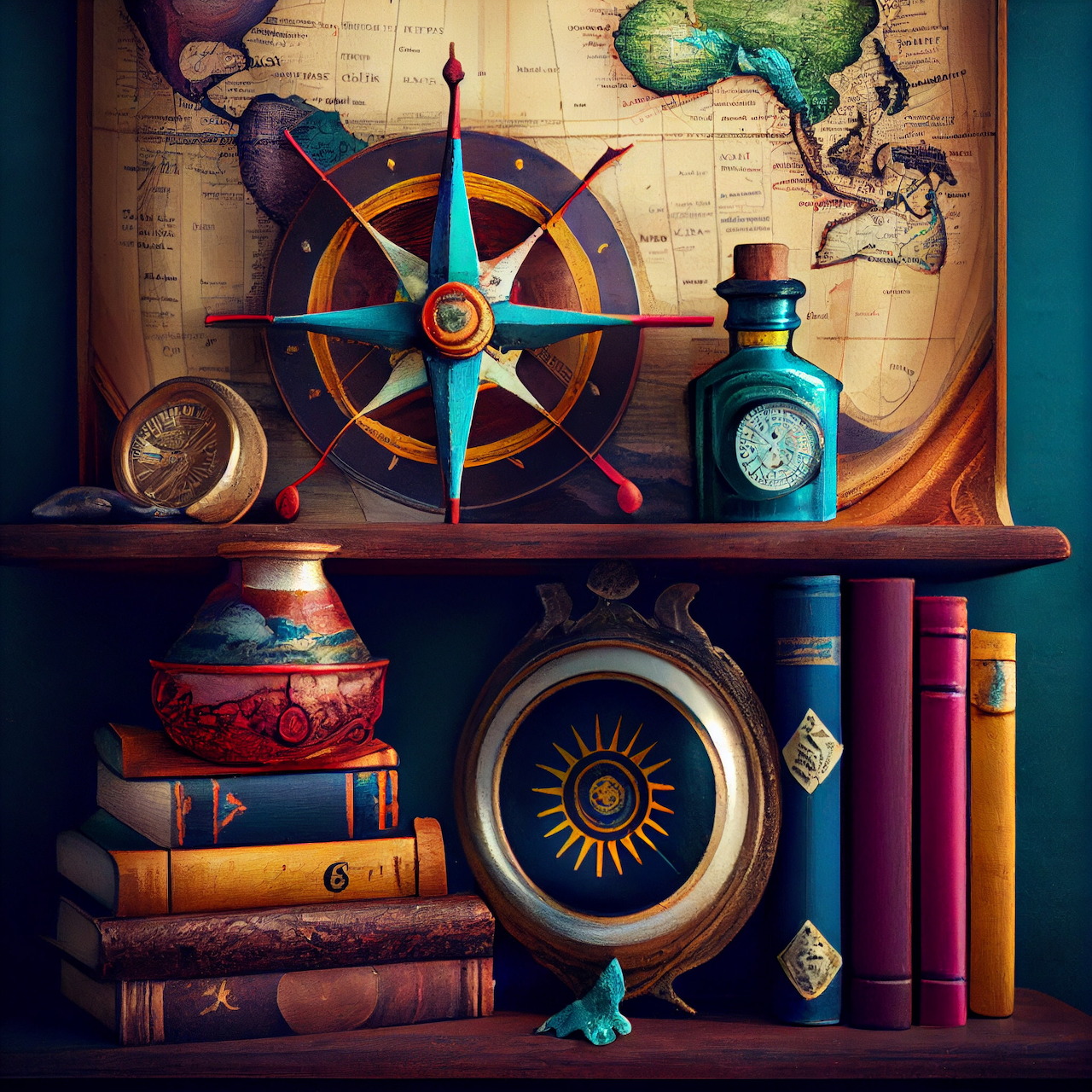 Nautical themed shelf with compass, ship wheel, books, glass bottle and vintage decorative objects
