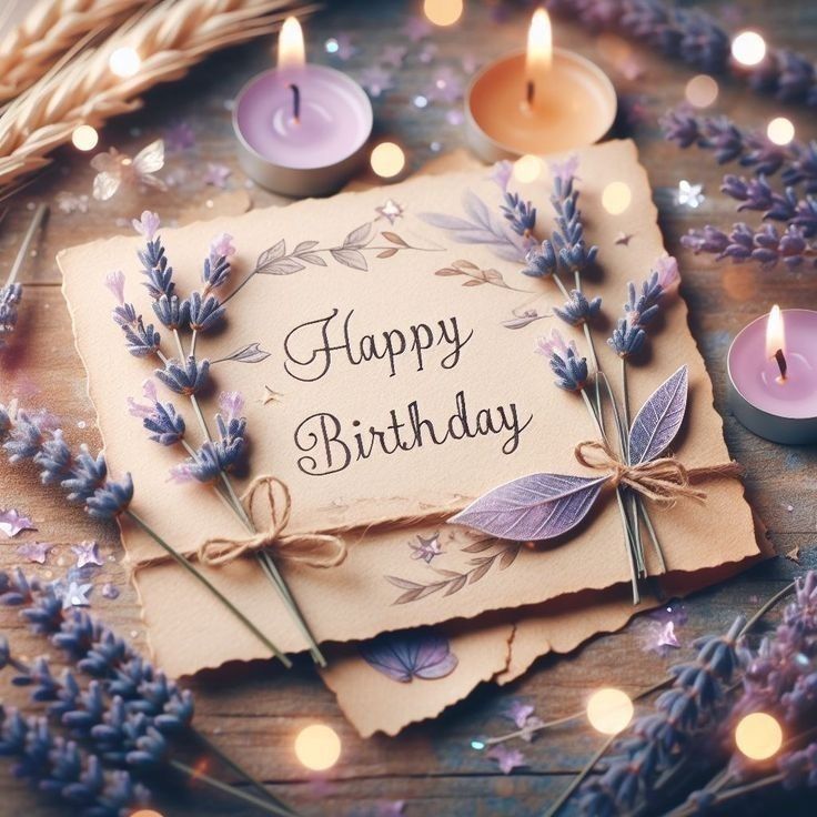 Happy Birthday card with lavender flowers, lit candles, and glowing lights on wooden table