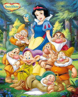 Snow White with seven dwarfs in colorful forest scene