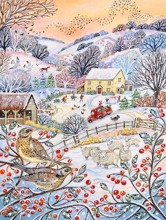 Winter painting with a bird on berry branches above a snowy cottage, sheep, and a red truck