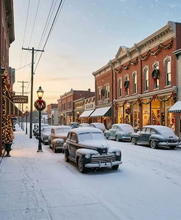 Snowy small-town main street with vintage cars and brick shops at dusk