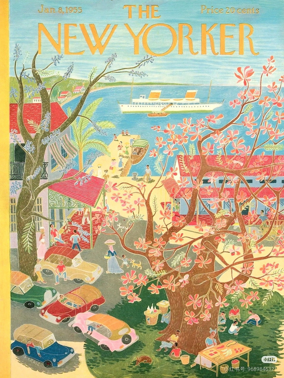 Colorful illustration of people enjoying spring day in park with blooming cherry trees and city view
