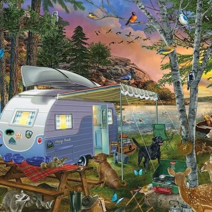 Silver vintage camper trailer by lake at sunset with trees, birds, and camping equipment