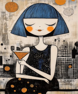Illustration of woman with blue hair in black dress holding martini glass against abstract patterned background