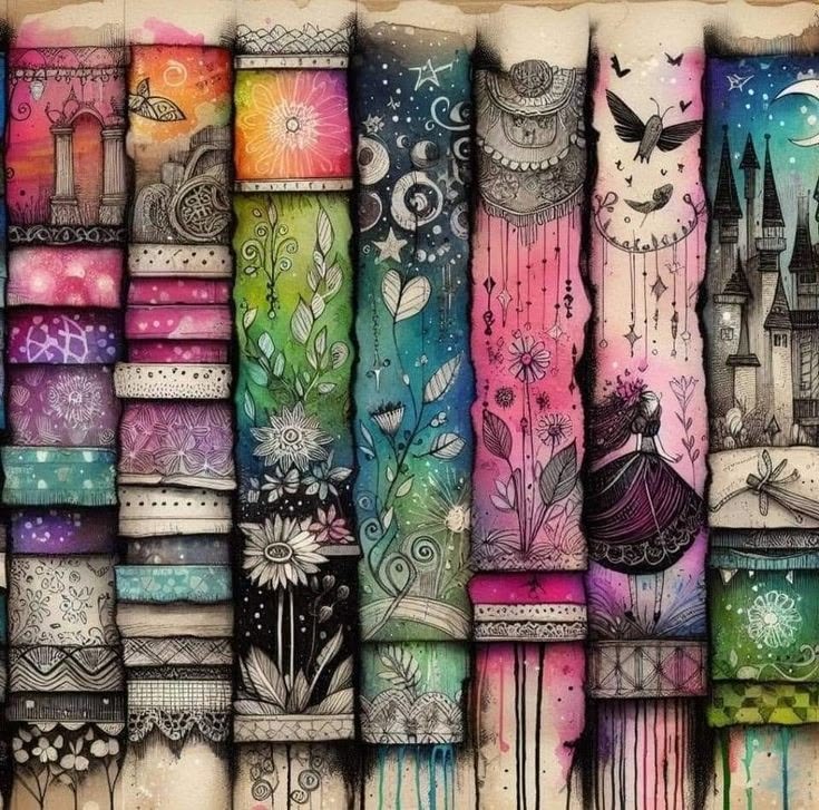 Watercolor painting of ornate book spines with decorative patterns and silhouettes in various colors