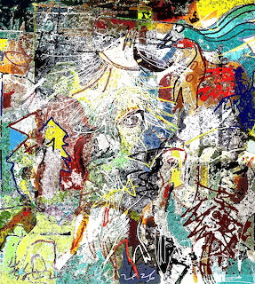 Colorful abstract graffiti collage with layered paint, textures, and overlapping urban art elements