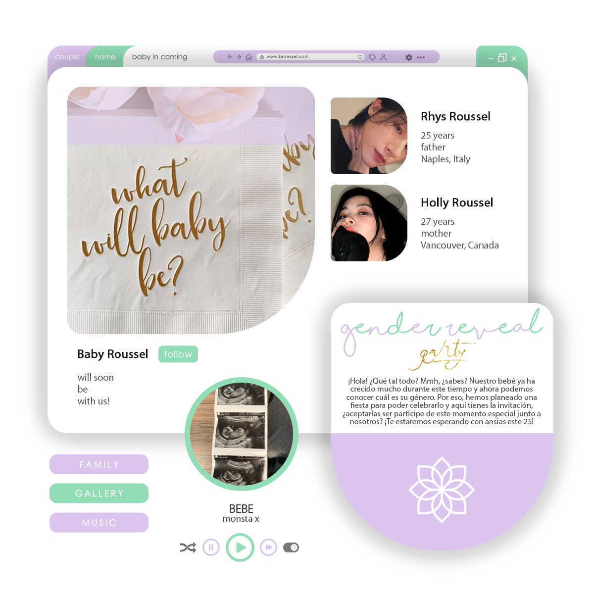 Pastel gender reveal invitation collage with profile cards and ultrasound photos