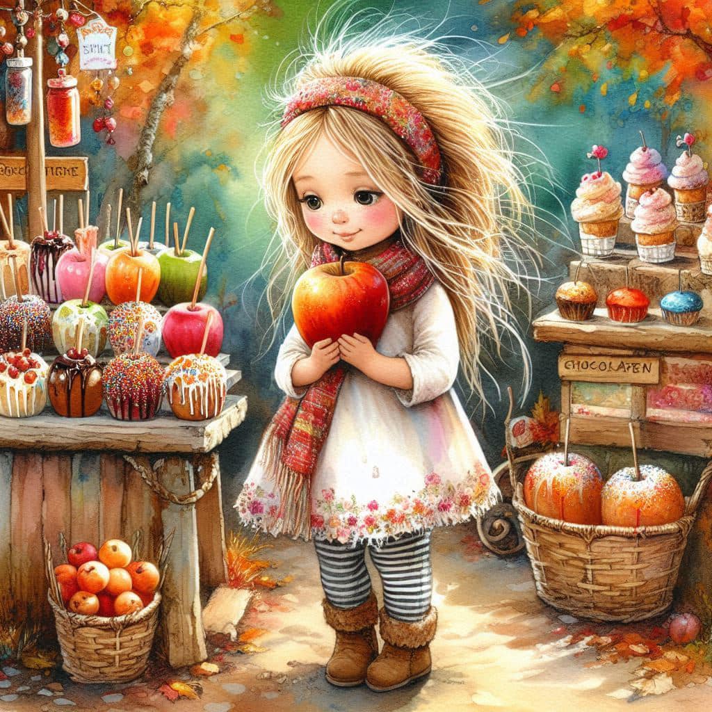 Illustrated girl with blonde hair holding red apple at autumn market with pumpkins and colorful produce