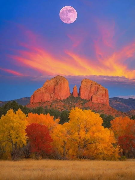 Full moon above red rock formation with golden autumn trees and pink-orange sunset clouds