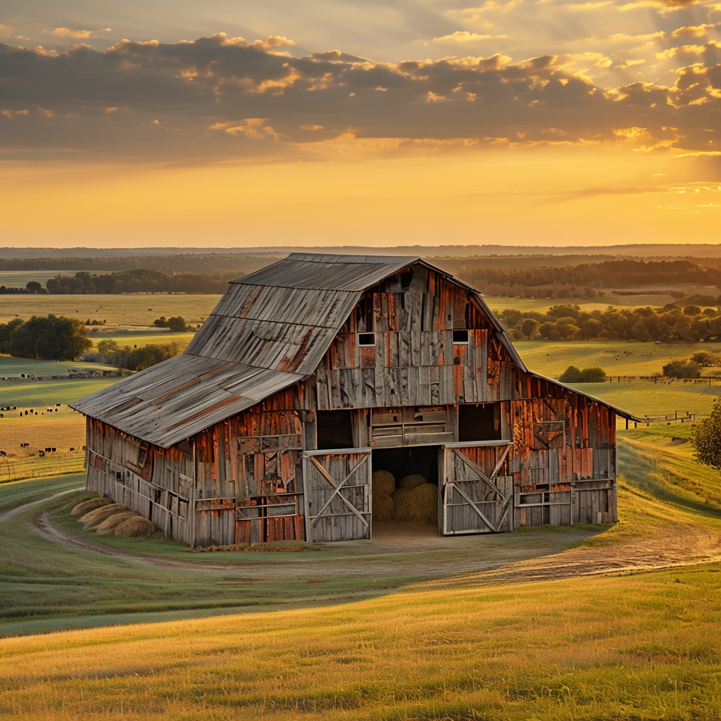 Old wooden barn in rolling fields at sunset under a cloudy golden sky