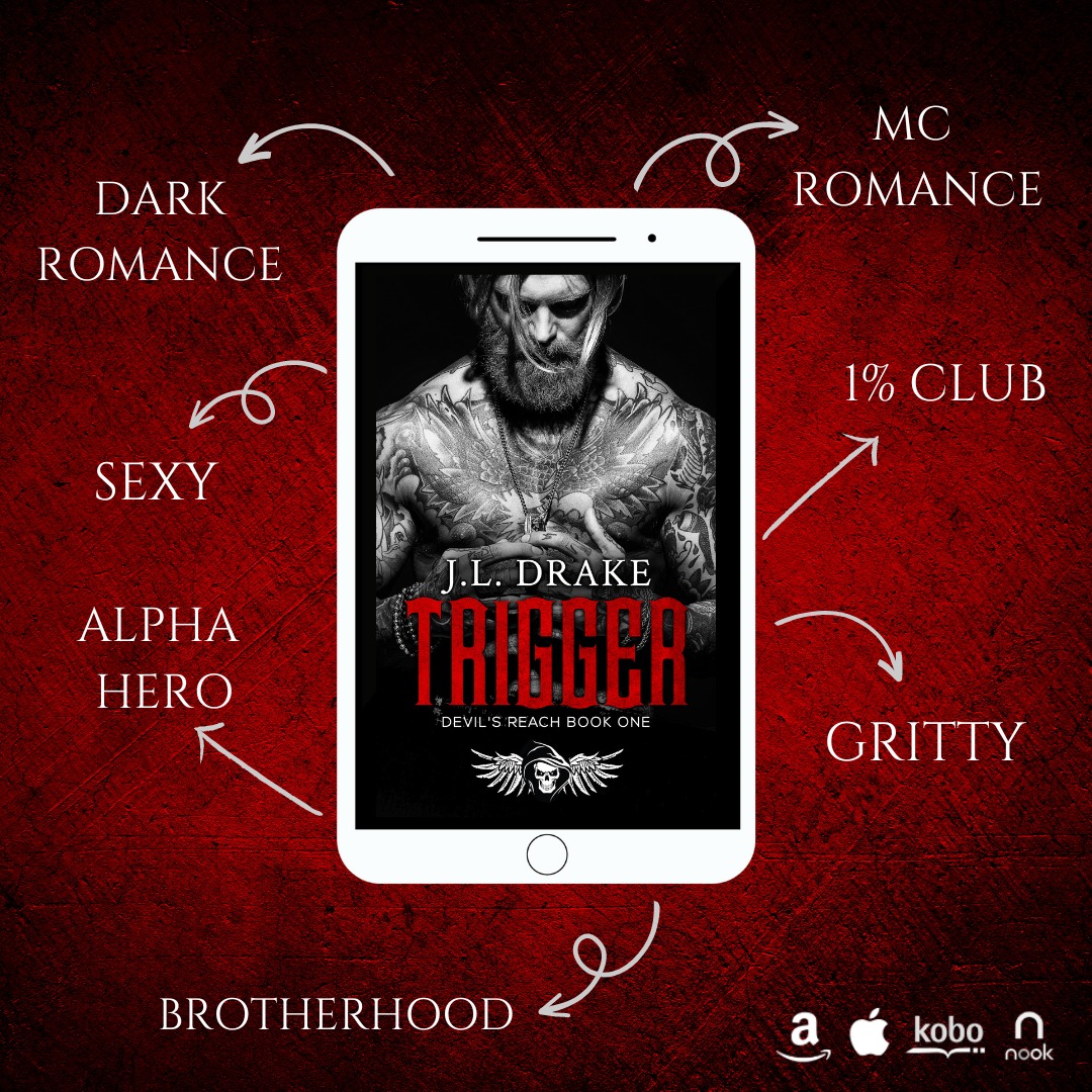 Tablet displaying Trigger romance book cover by J.L. Drake with promotional genre tags on red background