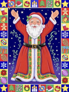 Santa Claus with raised arms in red suit surrounded by festive Christmas decorative border with holiday icons