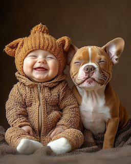 Baby in bear costume sitting next to French Bulldog puppy