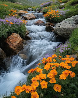Mountain stream flowing through wildflower meadow with orange poppies and purple flowers along rocky banks
