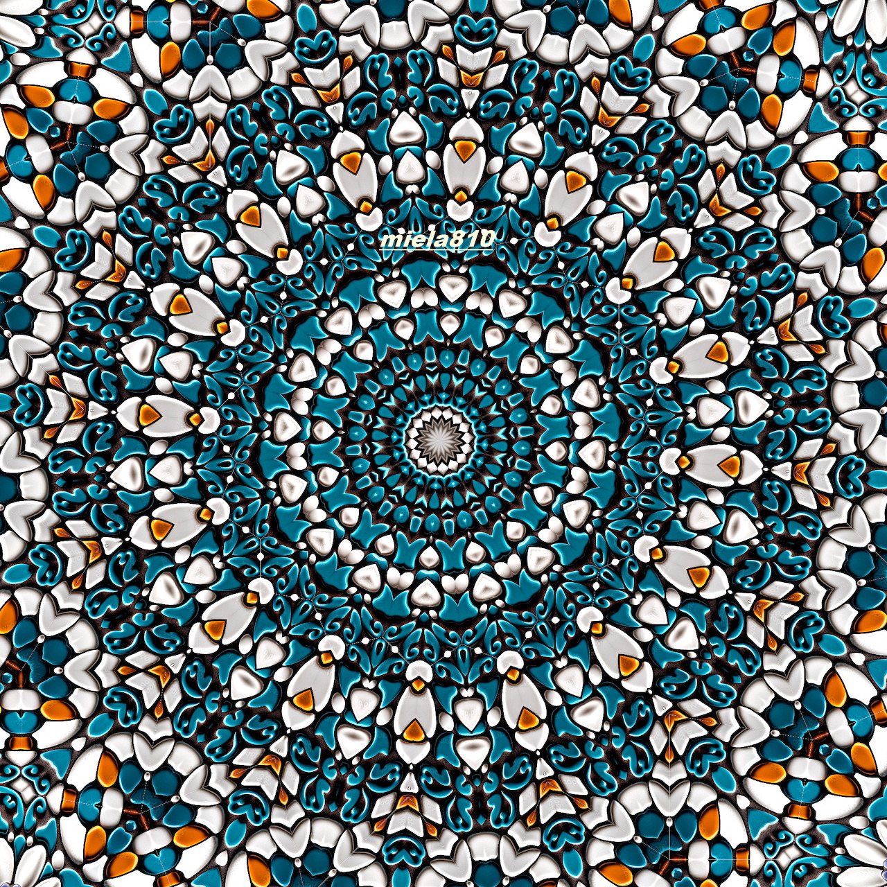 Detailed mandala with teal and orange geometric pattern radiating symmetrically from center