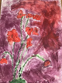 Expressive painting of red flowers with green stems on a purple background