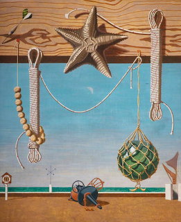 Painting of nautical objects hanging from a wooden beam including starfish, ropes, and glass floats