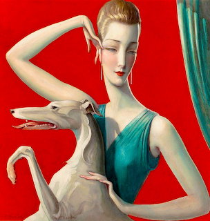 Art deco painting showing elegant woman in teal gown with white Afghan hound on red background